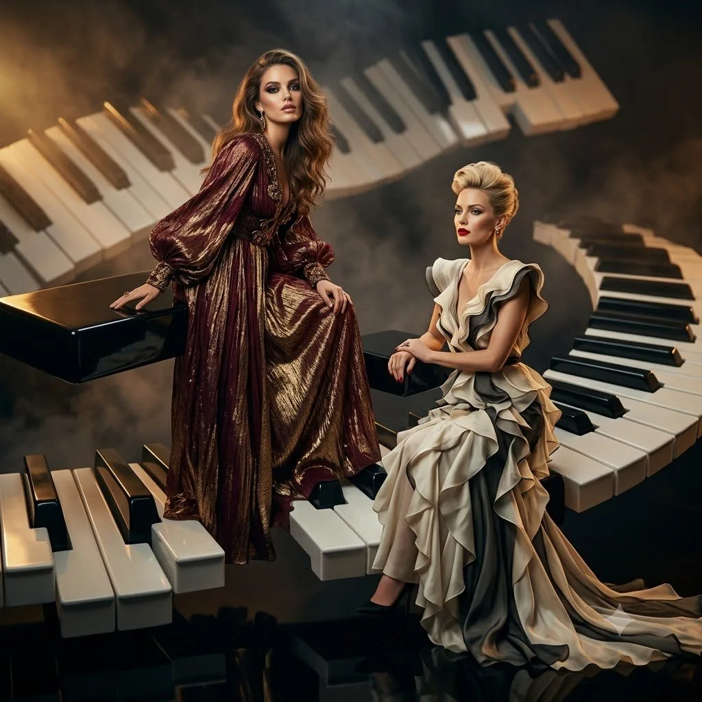 Luxury fashion piano keys editorial photography — After