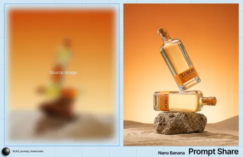 Amber glass bottles floating above sand