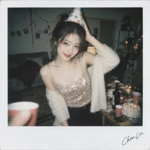 Korean woman birthday polaroid snapshot