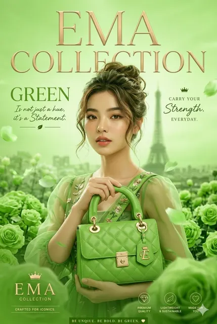 Ema collection fashion advertisement green handbag
