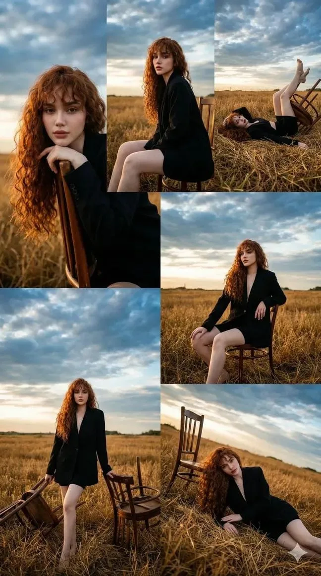 Golden hour meadow fashion grid — Sonra
