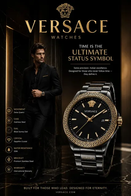 Versace mens luxury analog watch advertisement