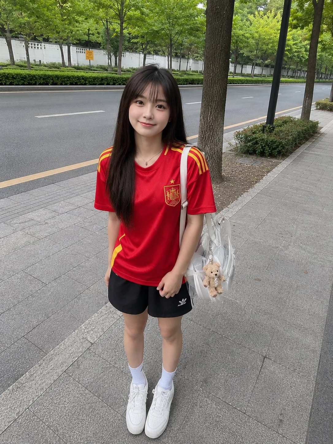Japanese girl spain football jersey street snapshot — After