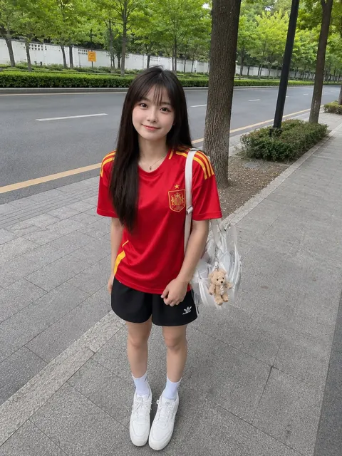 Japanese girl spain football jersey street snapshot