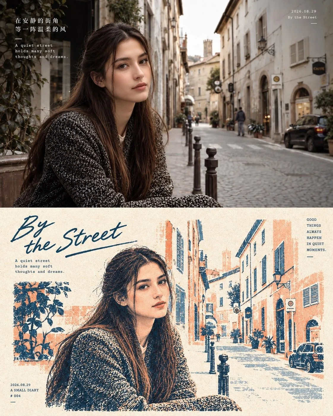 Realistic two panel editorial travel diary poster — Sonra