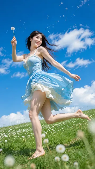 Realistic summer portrait east asian woman running hillside