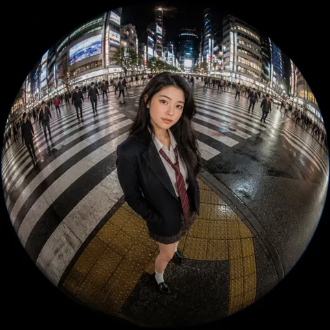 Ultra realistic fisheye japanese street portrait school uniform