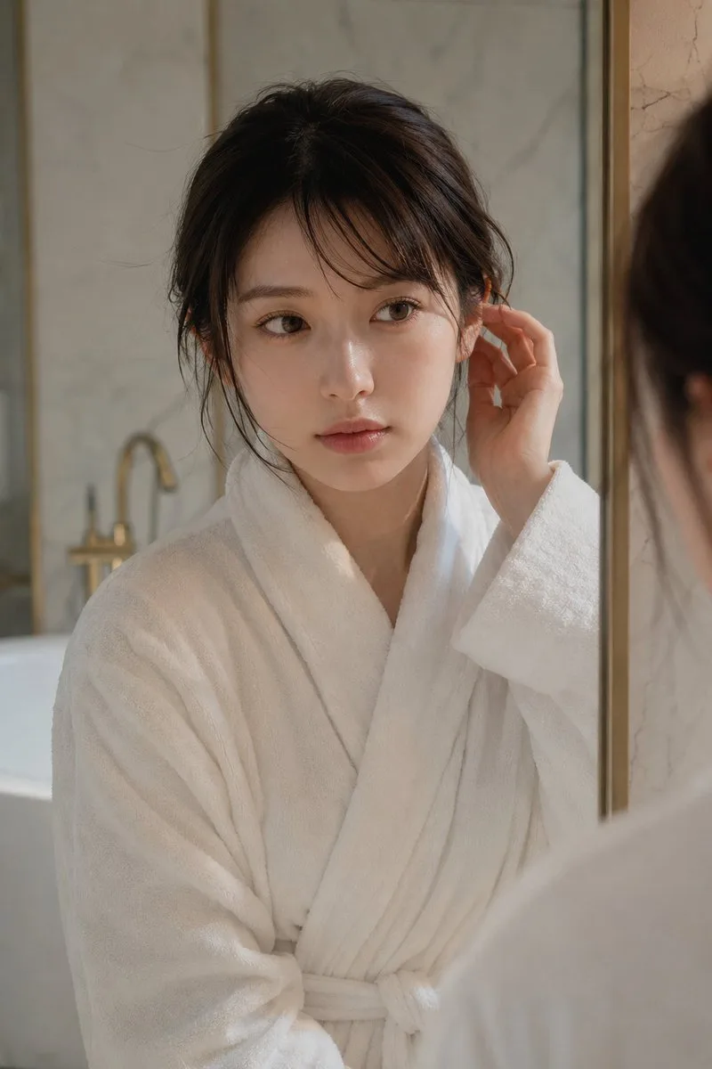 Minimalist luxury bathroom girl white robe portrait — After