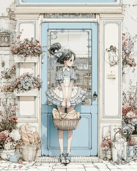 Cozy vintage bakery exterior anime illustration
