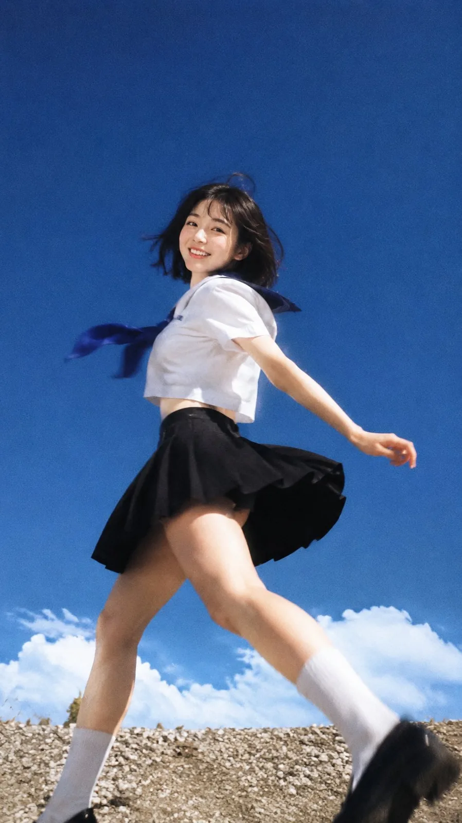 Photorealistic east asian woman sailor outfit low angle — After