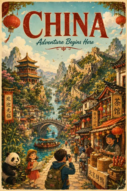 Vintage cartoon travel poster prompt