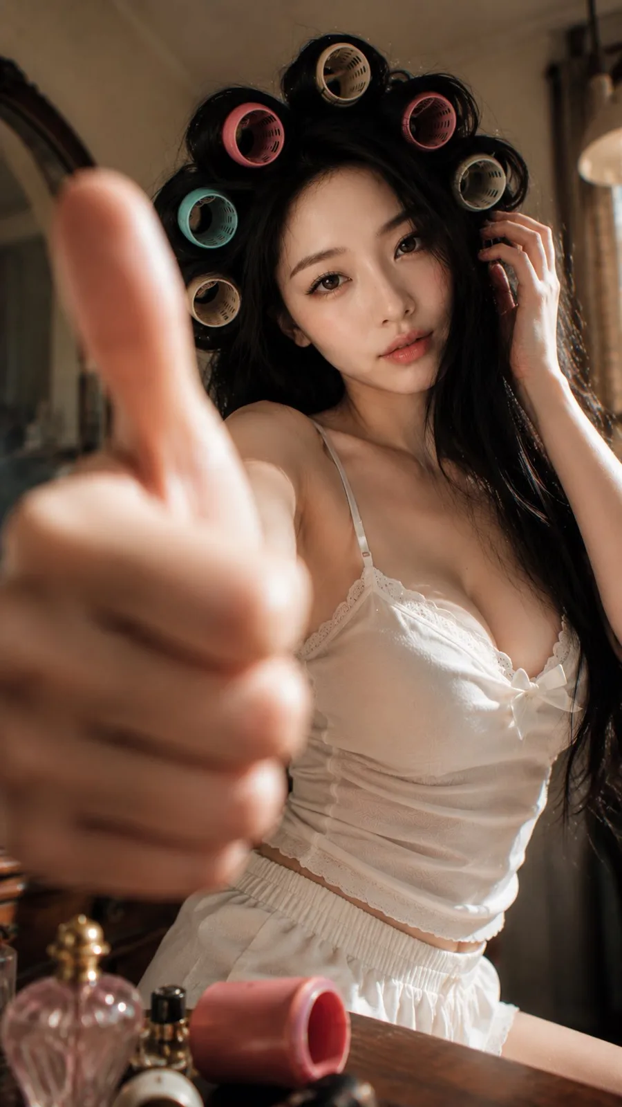 Retro rollers thumb up fashion portrait — Sonra