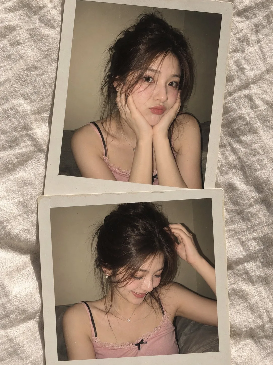 Photorealistic polaroid collage young woman 2000s aesthetic — Sonra