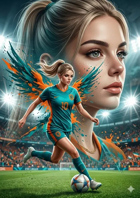 Ultra realistic double exposure female football player