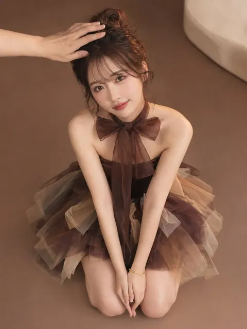 High angle east asian woman fashion editorial tulle dress