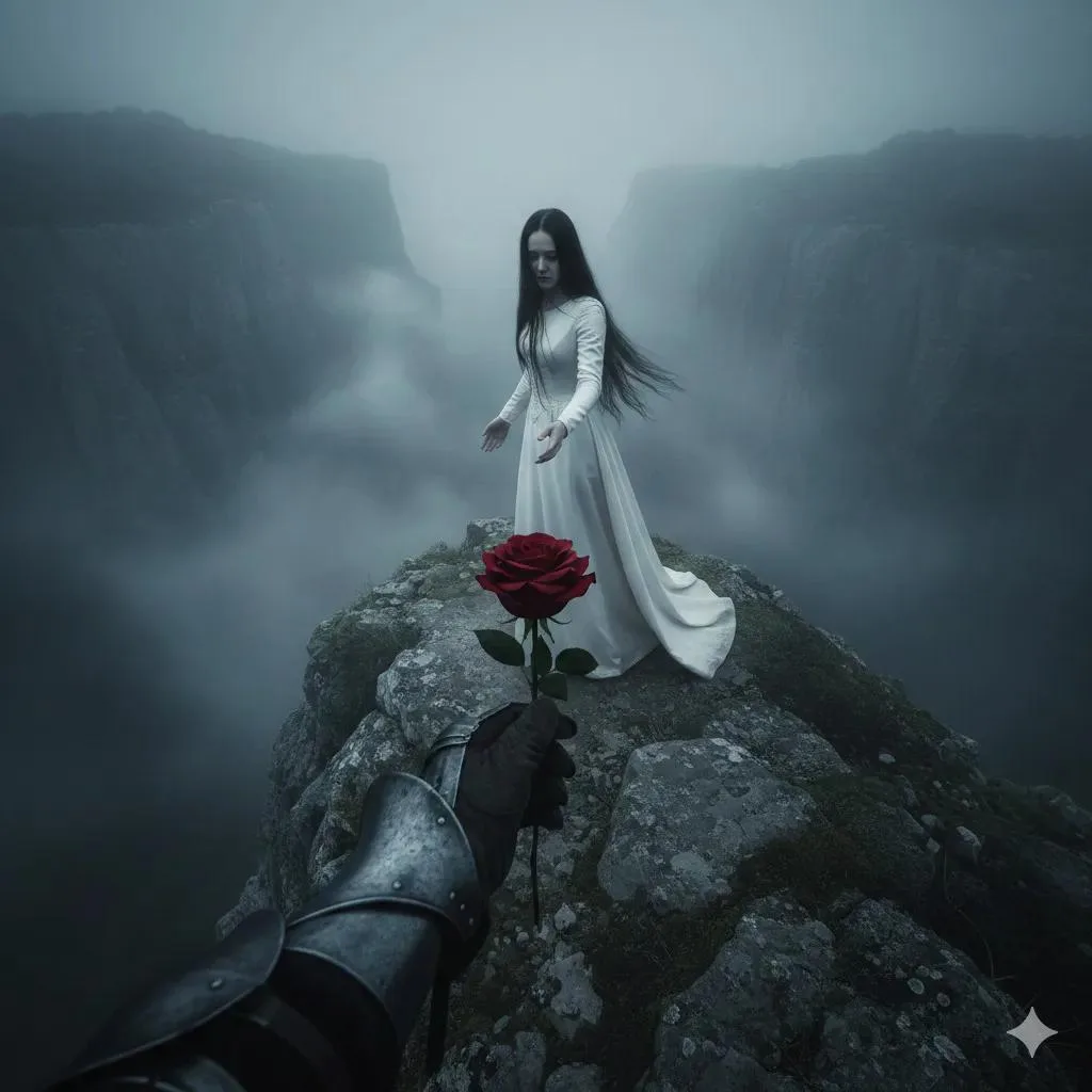 Misty cliff pale girl red rose — Sonra