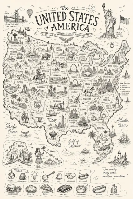 Doodle country travel map illustration