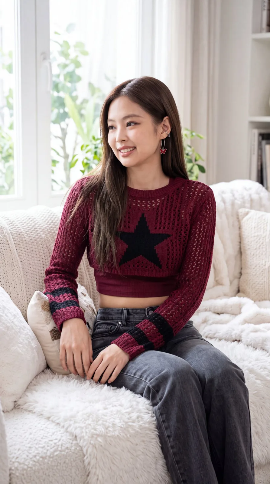 Burgundy mesh sweater east asian woman indoor portrait — Sonra