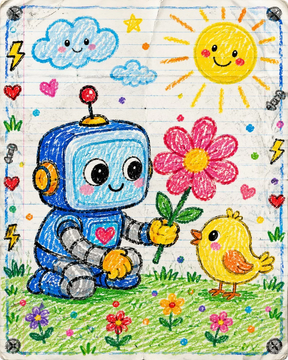 Innocent child like notebook crayon drawing — After