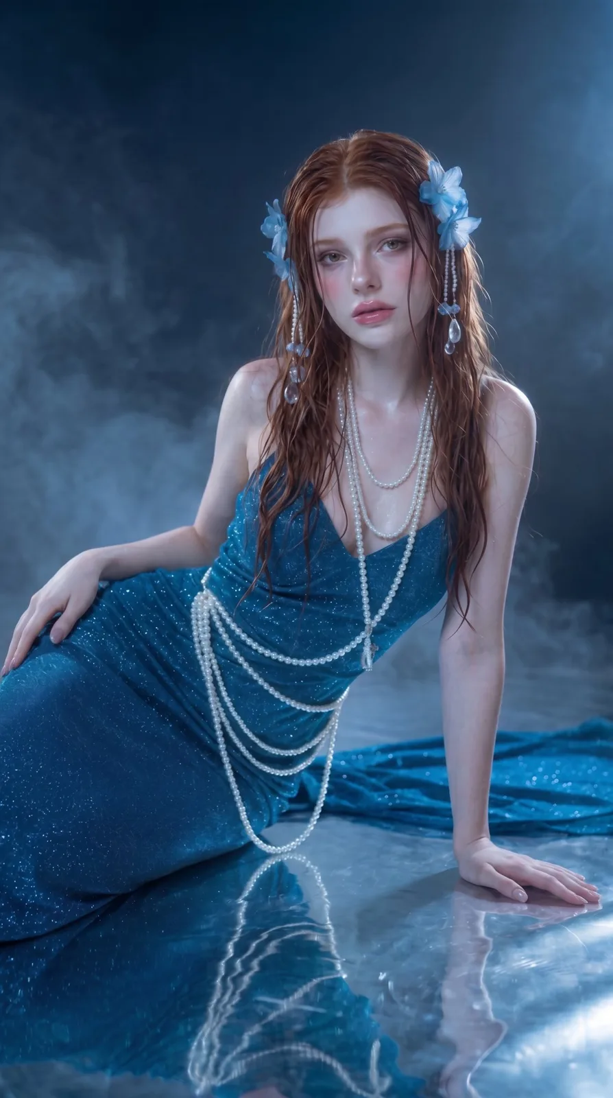 Ethereal fantasy portrait woman sapphire gown pearls — Sonra