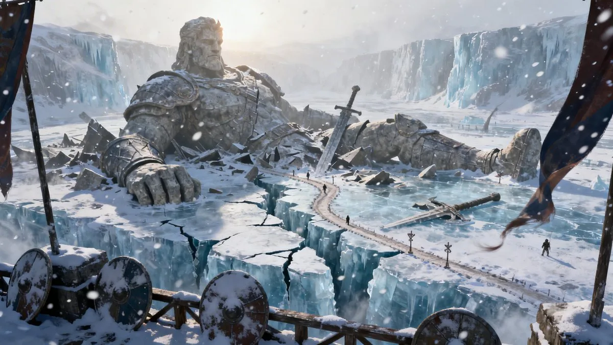 Forgotten giant ruins frozen valley — After