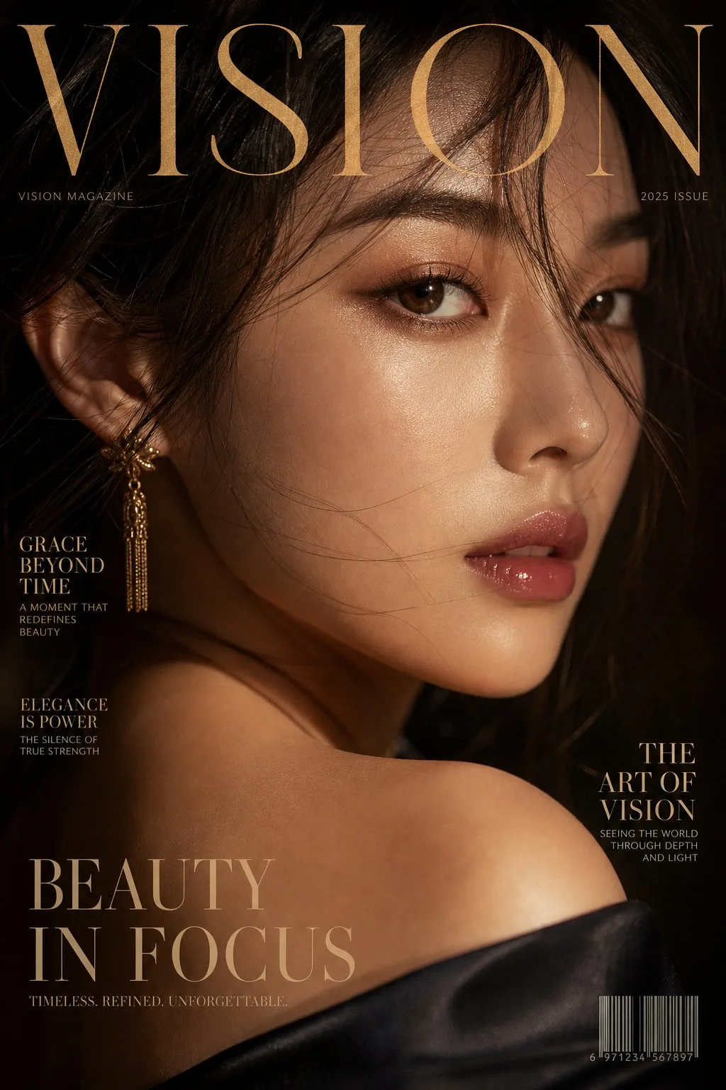 Extreme close up asian elegant woman magazine cover — After