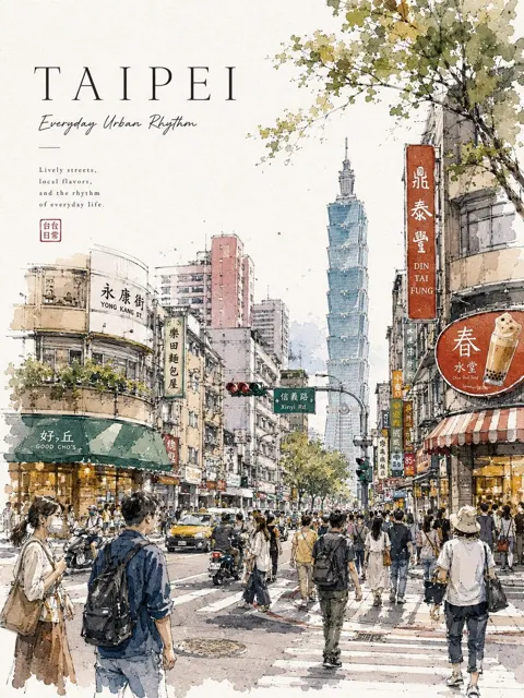 Watercolor city street travel poster