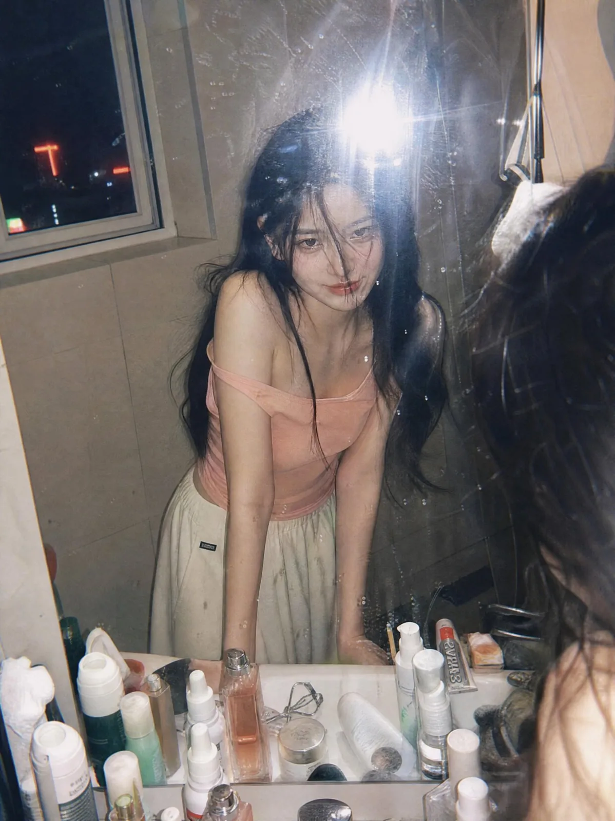 Ultra realistic y2k bathroom mirror film portrait — After