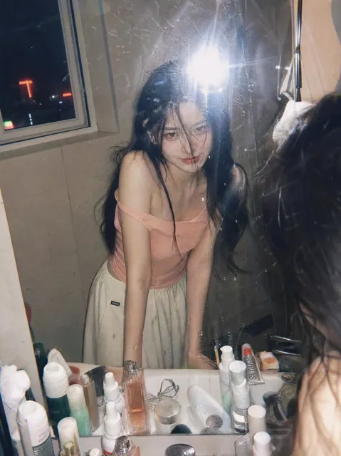 Ultra realistic y2k bathroom mirror film portrait