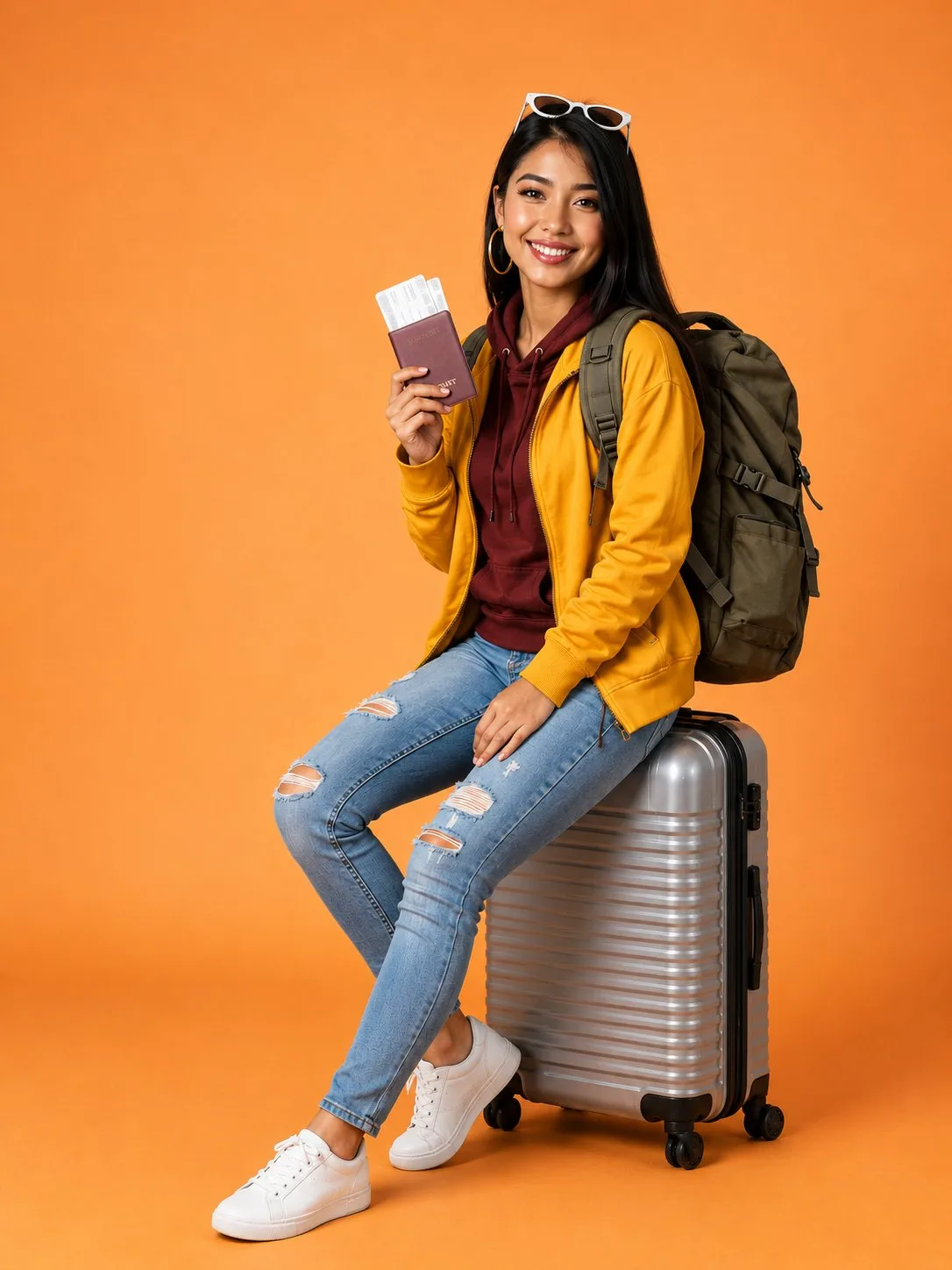 Young female traveler suitcase passport editorial portrait — After