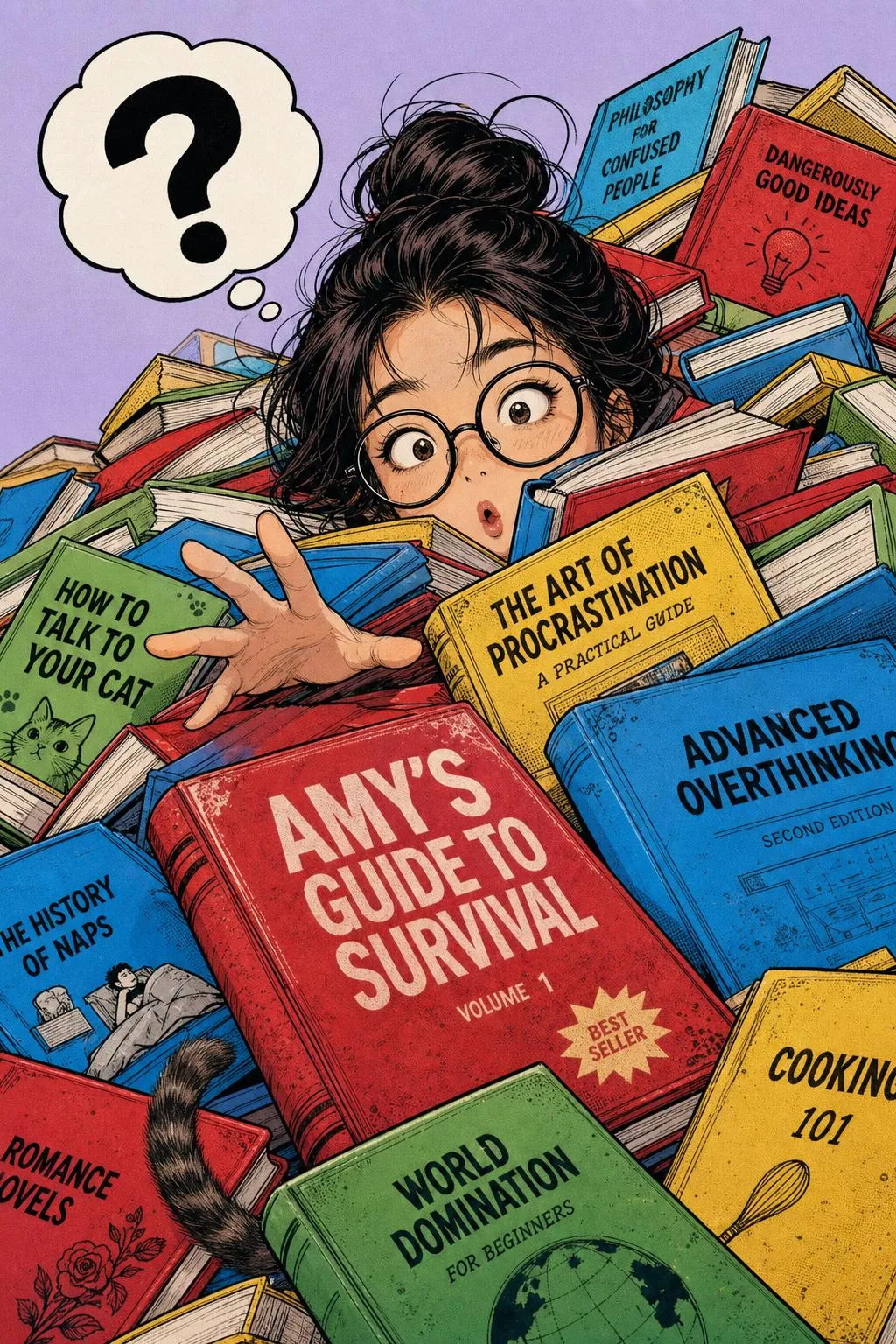 Whimsical comic woman buried in books — Sonra