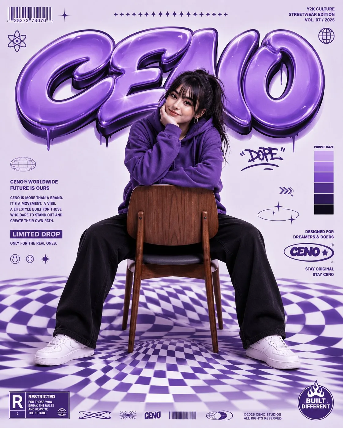 Ultra modern y2k streetwear purple editorial poster — After