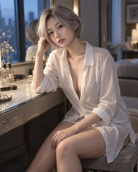 Japanese fashion editorial silver bob woman dressing room