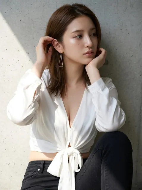 Professional asian girl portrait white blouse concrete wall
