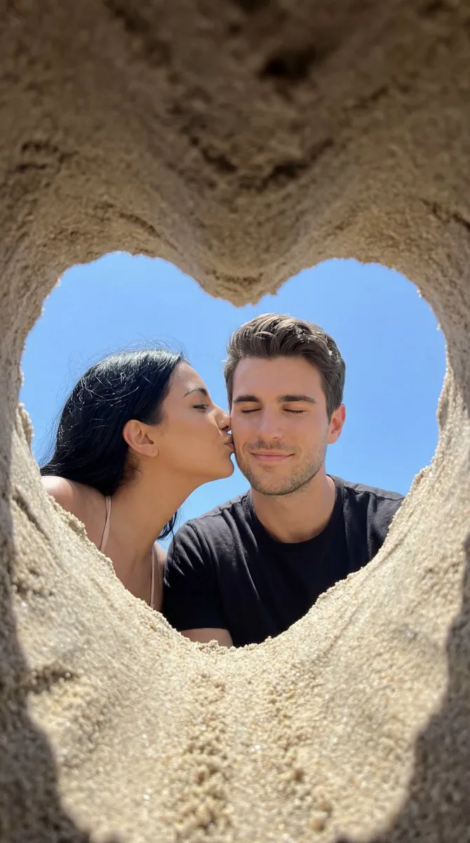 Sand heart frame beach kiss — After