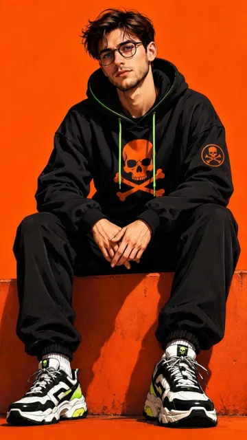 Stylized middle aged man orange streetwear illustration