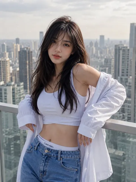 Ultra realistic east asian woman cityscape portrait