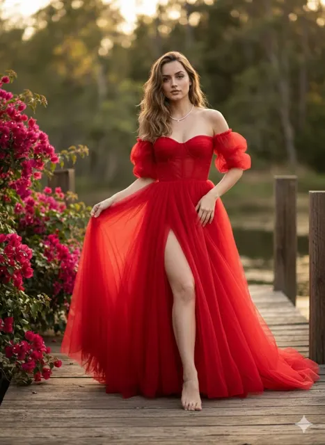 Golden light red dress forest romance