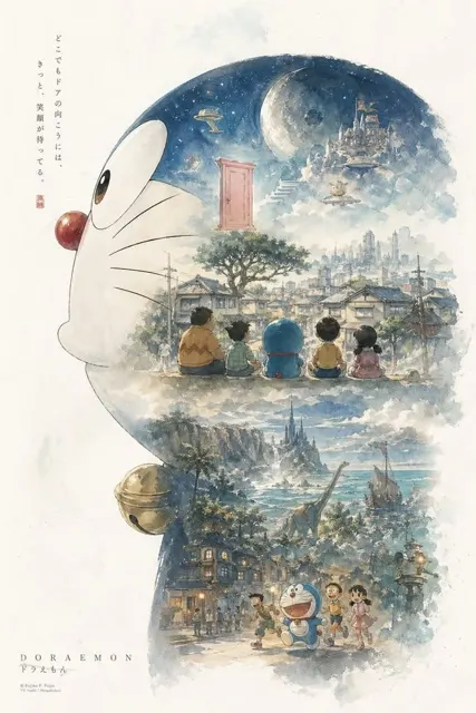 Doraemon silhouette watercolor dreamlike scenes