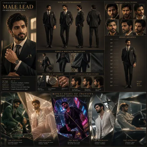 Cinematic character design board fractured geometry fashion