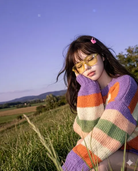 Vintage phone camera grass hillside portrait