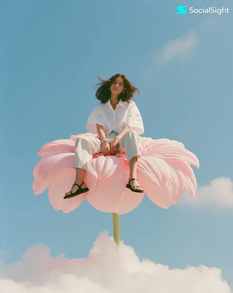 Surreal fashion model giant pink flower clouds