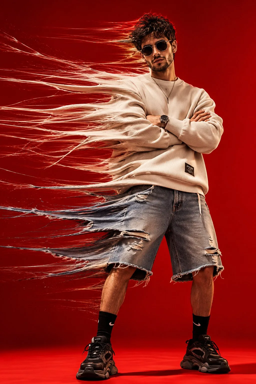 High fashion red background stretch male portrait — Sonra