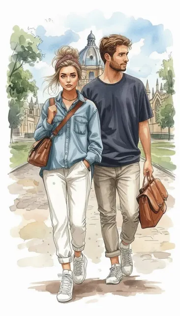 Stylish couple watercolor campus