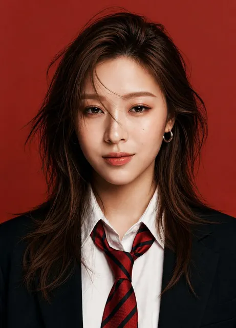 Ultra realistic studio fashion portrait red background
