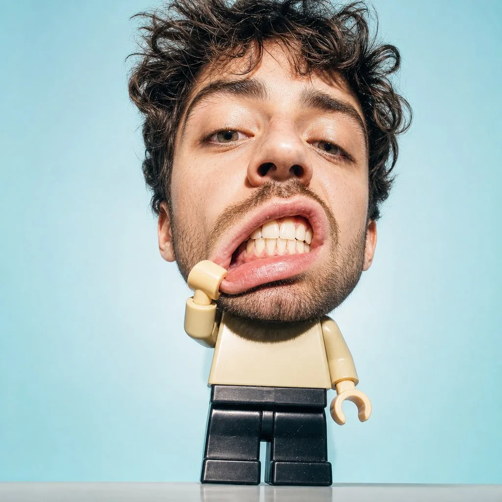 Surreal lego minifigure human head portrait — Sonra