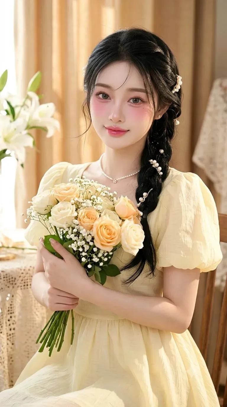 Stunning young woman douyin pink makeup yellow dress flowers — Sonra