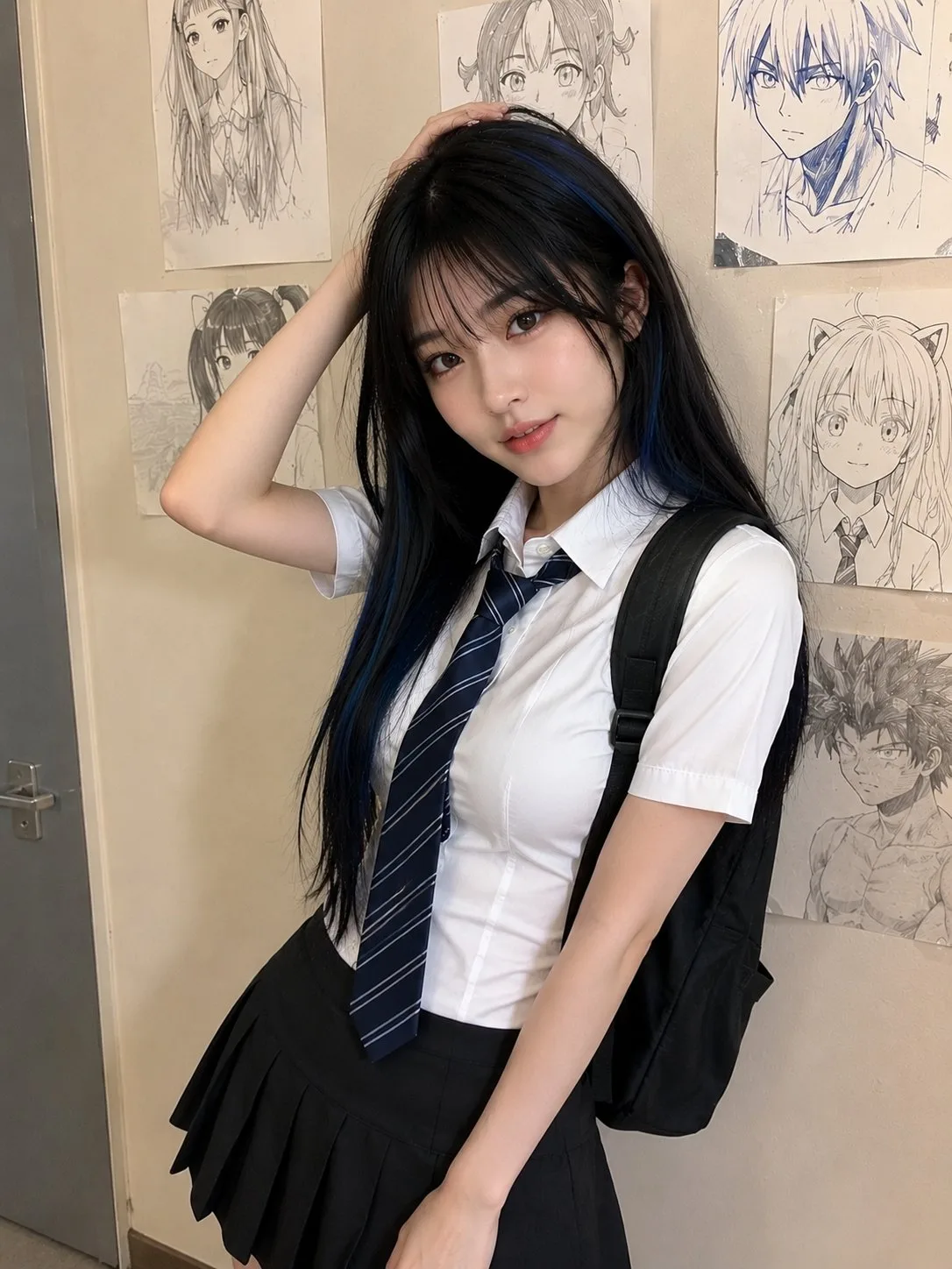 Photorealistic candid mobile snapshot woman anime wall — After