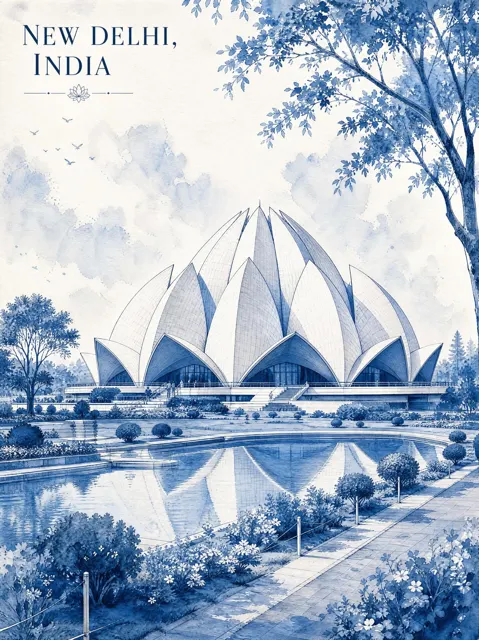 Minimalist vintage watercolor lotus temple new delhi