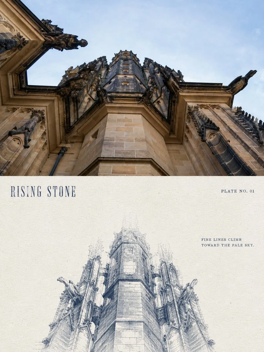 European architecture etching comparison poster — Sonra